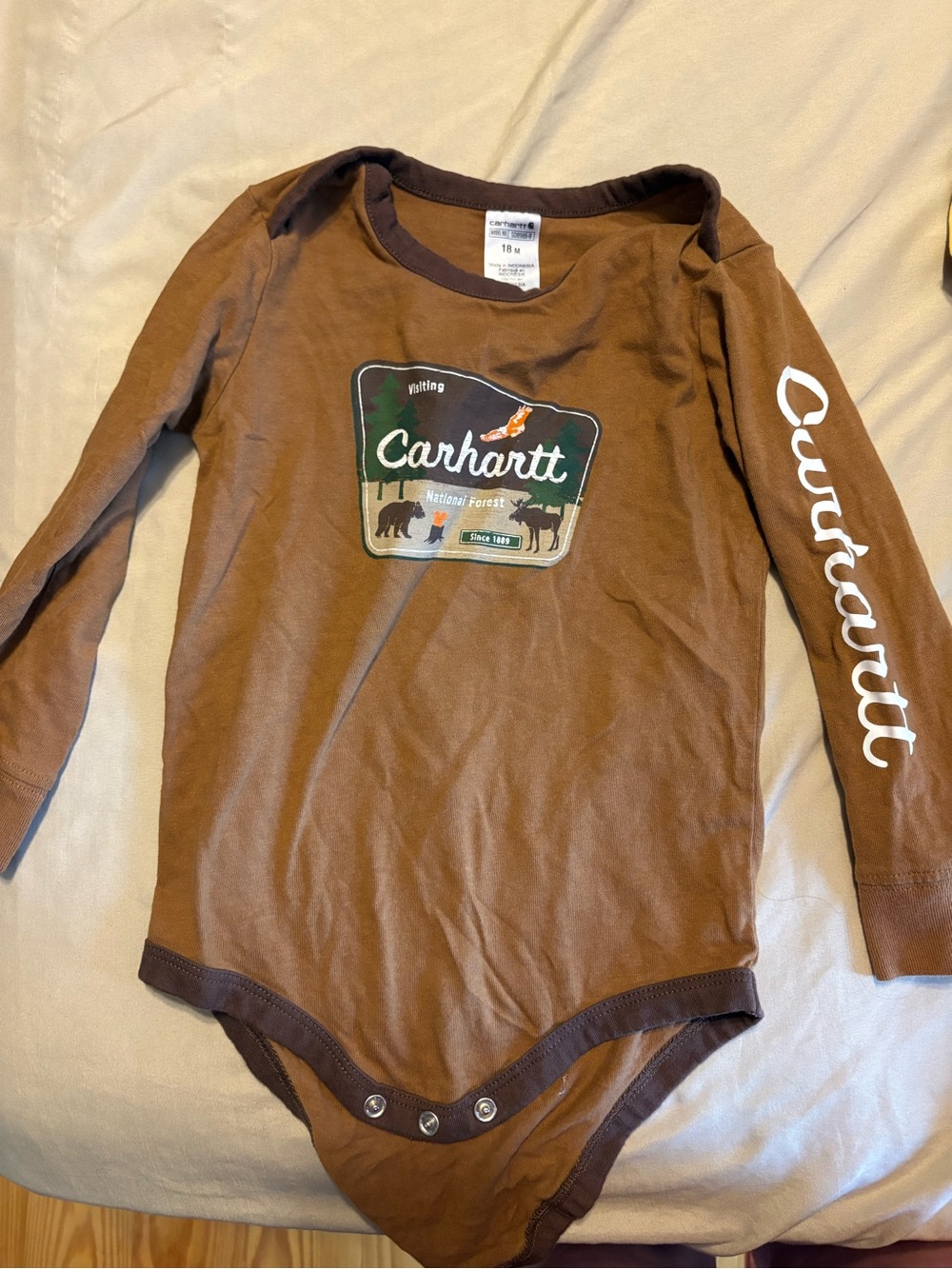 Carhartt Brown Long-Sleeve Baby Bodysuit with Logo Patch